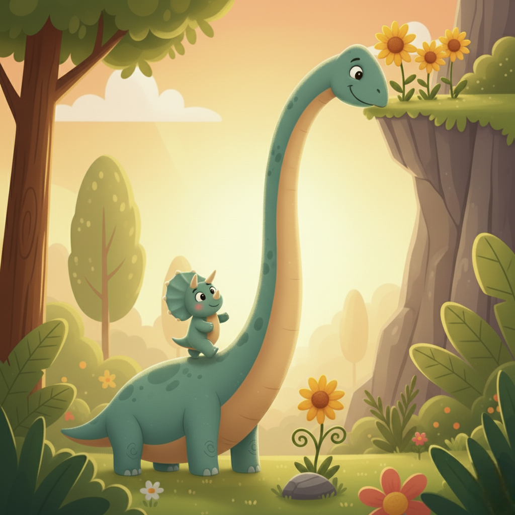 Bronto, un gigantesco e gentile Brachiosauro, vuole aiutare il suo piccolo amico triceratopo, Tippy, a raggiungere i "Fiori di Sole" su una sporgenza inaccessibile. Essendo troppo grande per salire e Tippy troppo piccolo, Bronto ha un'idea geniale: usa il suo lunghissimo collo come un ponte. Tippy cammina sul suo amico, raccoglie il fiore e scivola giù felice. La storia insegna che l'amicizia e l'ingegno superano ogni ostacolo, non importa quanto si sia grandi o piccoli.