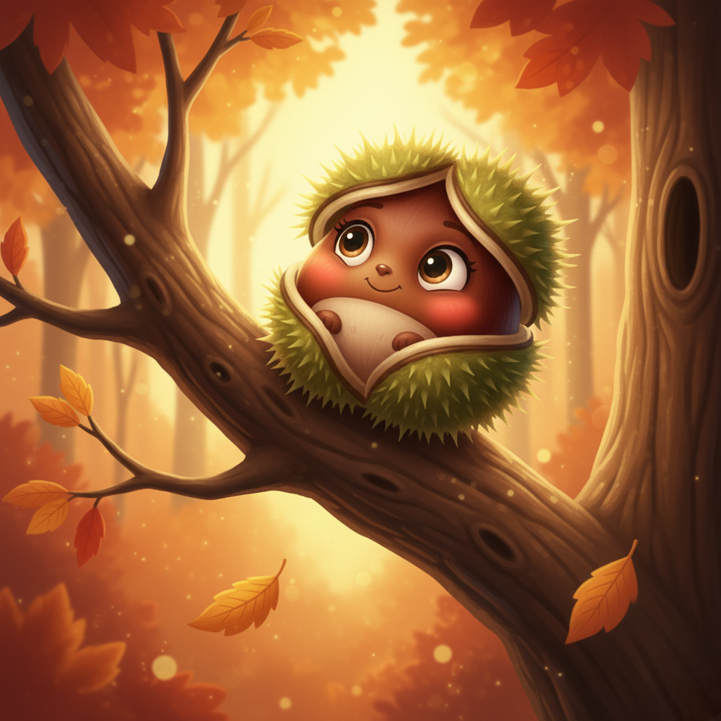 Castagnella, una piccola e curiosa castagna, cade dal suo albero e si ritrova sola nel bosco autunnale, separata dalle sue sorelle. Coraggiosa ma un po' spaventata, cerca un rifugio per l'inverno. Dopo un tentativo fallito di scavare come uno scoiattolo, incontra Spillo, un saggio riccio. Questi le insegna che il miglior riparo non è sottoterra, ma sotto una calda coperta di foglie. Infilandosi nel mucchio, Castagnella non solo trova un luogo perfetto, ma ritrova anche le sue sorelle, pronte per il lungo sonno invernale.