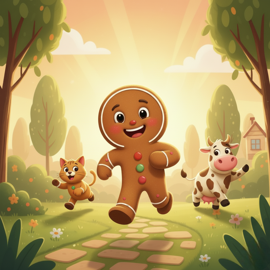 Nonna Pina crea Gingì, un omino di pan di zenzero che, appena sfornato, prende vita e scappa via cantando "tanto non mi prendi!". Dopo aver superato un gatto e una mucca, si blocca davanti a un fiume. Qui incontra una volpe gentile che, in una svolta inaspettata rispetto alla fiaba classica, non lo mangia ma lo aiuta ad attraversare e lo fa riflettere. Gingì capisce che correre verso qualcuno è più bello che scappare, così torna a casa dalla sua nonnina. La storia si conclude con Gingì che vive felice con lei, condividendo le sue avventure.