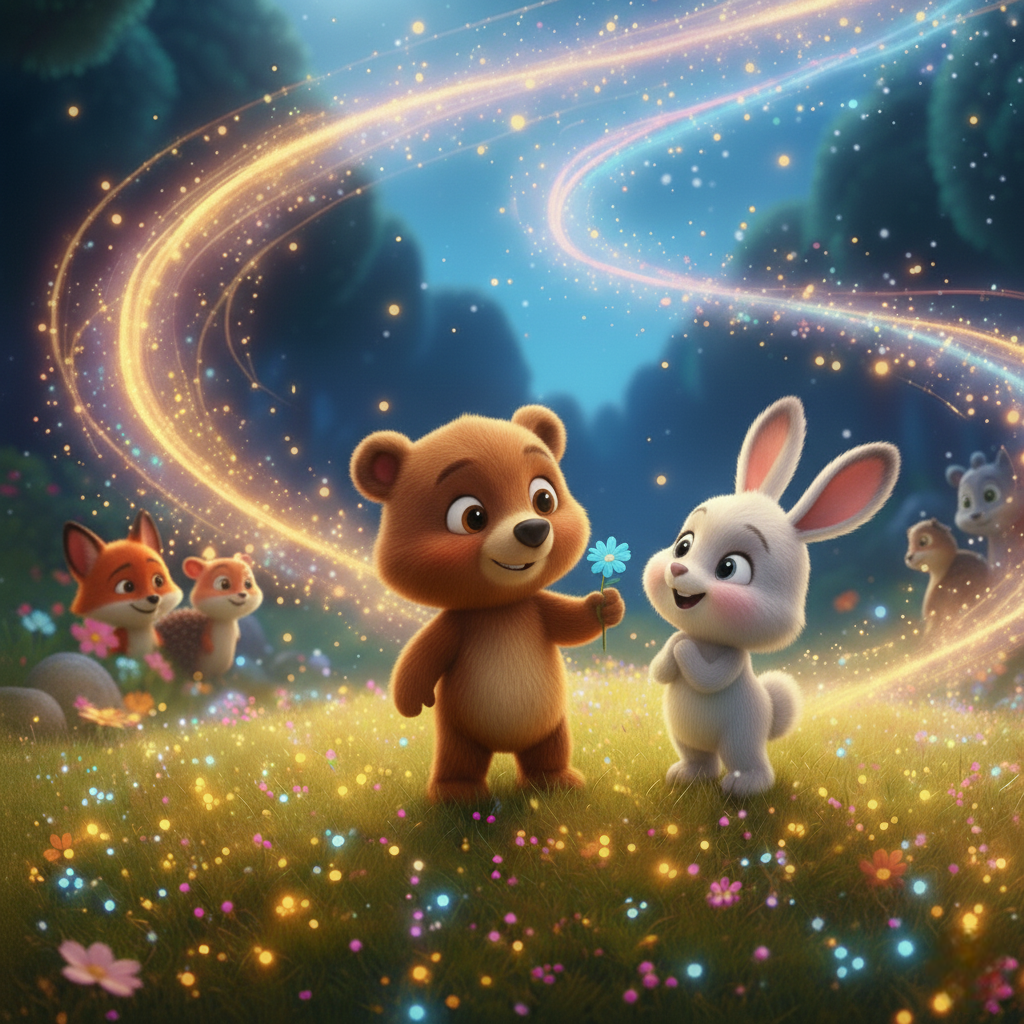 Bebo, un orsetto solitario, incontra la coniglietta Lola, triste per aver perso il suo fiore portafortuna che le dava il coraggio di esplorare la misteriosa Collina Scintillante. Bebo le propone di affrontare la paura insieme. Dopo aver trovato il fiore grazie al lavoro di squadra, i due salgono sulla collina e scoprono che il suo bagliore è creato da tantissime lucciole. La vera scoperta, però, è la loro amicizia, che ha trasformato un'avventura spaventosa in un momento di meraviglia condivisa.