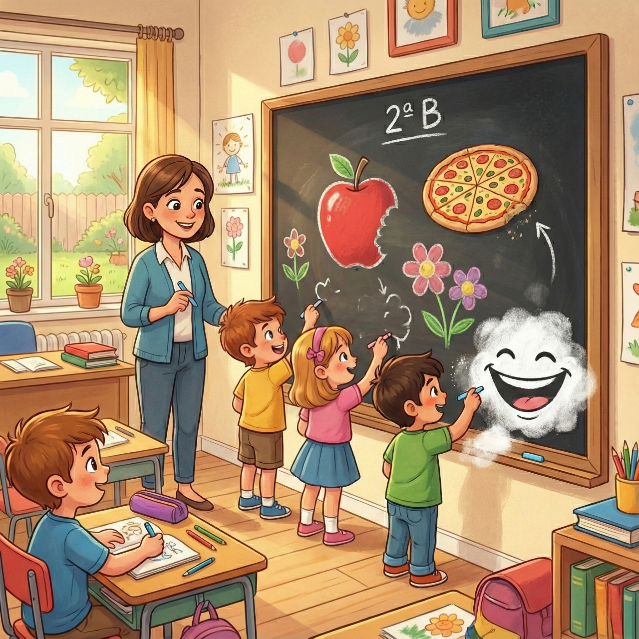 In una classe di seconda elementare, una lavagna inizia a far sparire misteriosamente tutto ciò che la maestra scrive. I bambini, prima divertiti e poi curiosi, scoprono la causa: una minuscola bocca disegnata in un angolo rivela che la lavagna è semplicemente "affamata". Insieme, decidono di "nutrirla" ogni mattina con disegni e parole gentili. Una volta sazia, la lavagna smette di cancellare le lezioni, trasformandosi da un problema in un'amica speciale per tutta la classe.