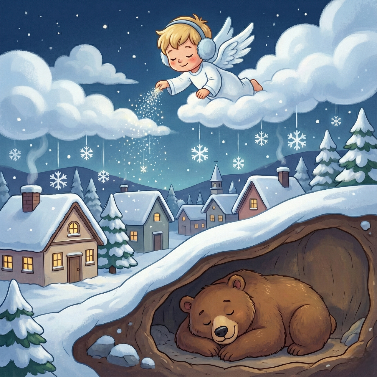 Tanto tempo fa la neve era estremamente rumorosa, impedendo agli animali di andare in letargo e disturbando la pace del mondo. A "Nuvola Alta", un piccolo e tranquillo angelo del meteo di nome Pino, stanco del frastuono, decide di intervenire. Si reca nella cucina celeste dove i "Panettieri del Cielo" preparano i fiocchi e svela loro l'ingrediente segreto mancante: la "Polvere di Sonno", raccolta lucidando le stelle. Aggiunta all'impasto, questa polvere magica rende la neve soffice, leggera e silenziosa, permettendole di cadere sulla Terra come una morbida coperta.